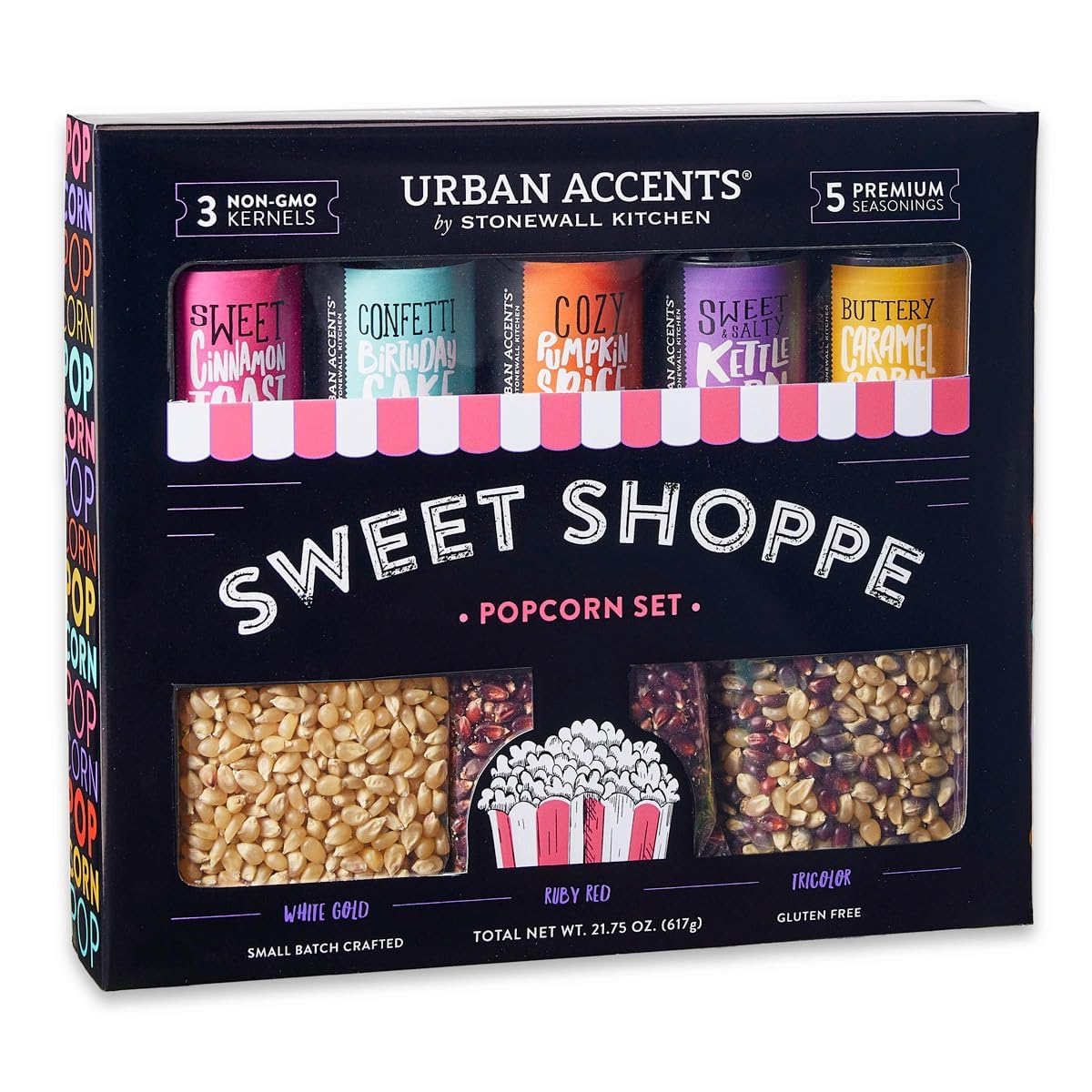 Urban Accents Movie Night Sweet Shoppe Small-Batch Popcorn Gift Set - Includes 3 Gourmet non-GMO Popcorn Kernel Varieties & 5 Flavorful Seasonings