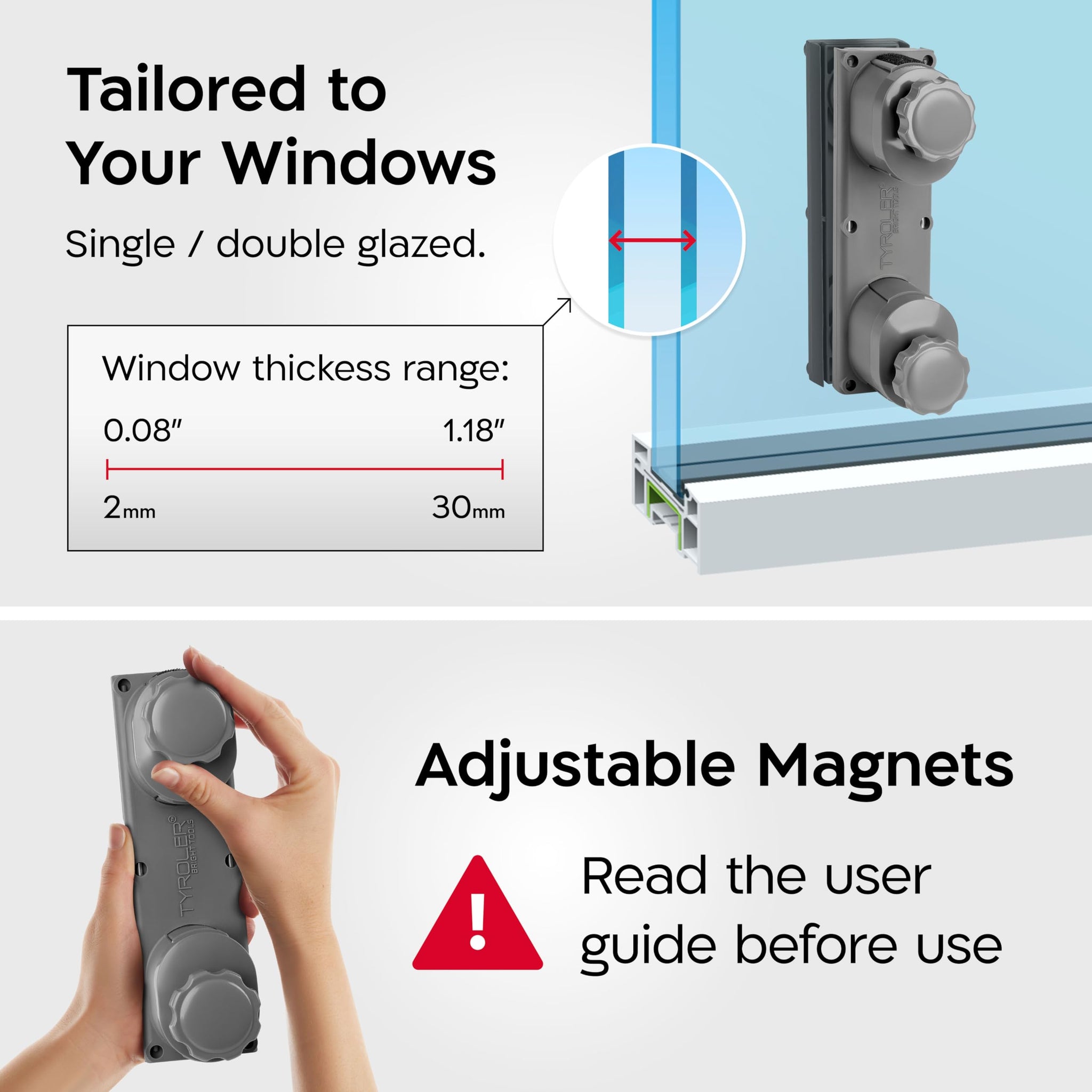 Tyroler Magnetic Window Cleaner Tool | The Silicone Glider R-2 AFC Fits Windows 0.1"-1.2" Thick | Double Sided Outside Window Cleaner Tool |