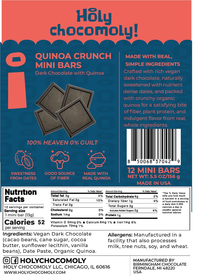 Holy Chocomoly! Quinoa Crunch Dark Chocolate Mini Bars - Vegan, Naturally Sweetened with Dates - Healthy Low Calorie Snacks (52 Cals), Plant-Based