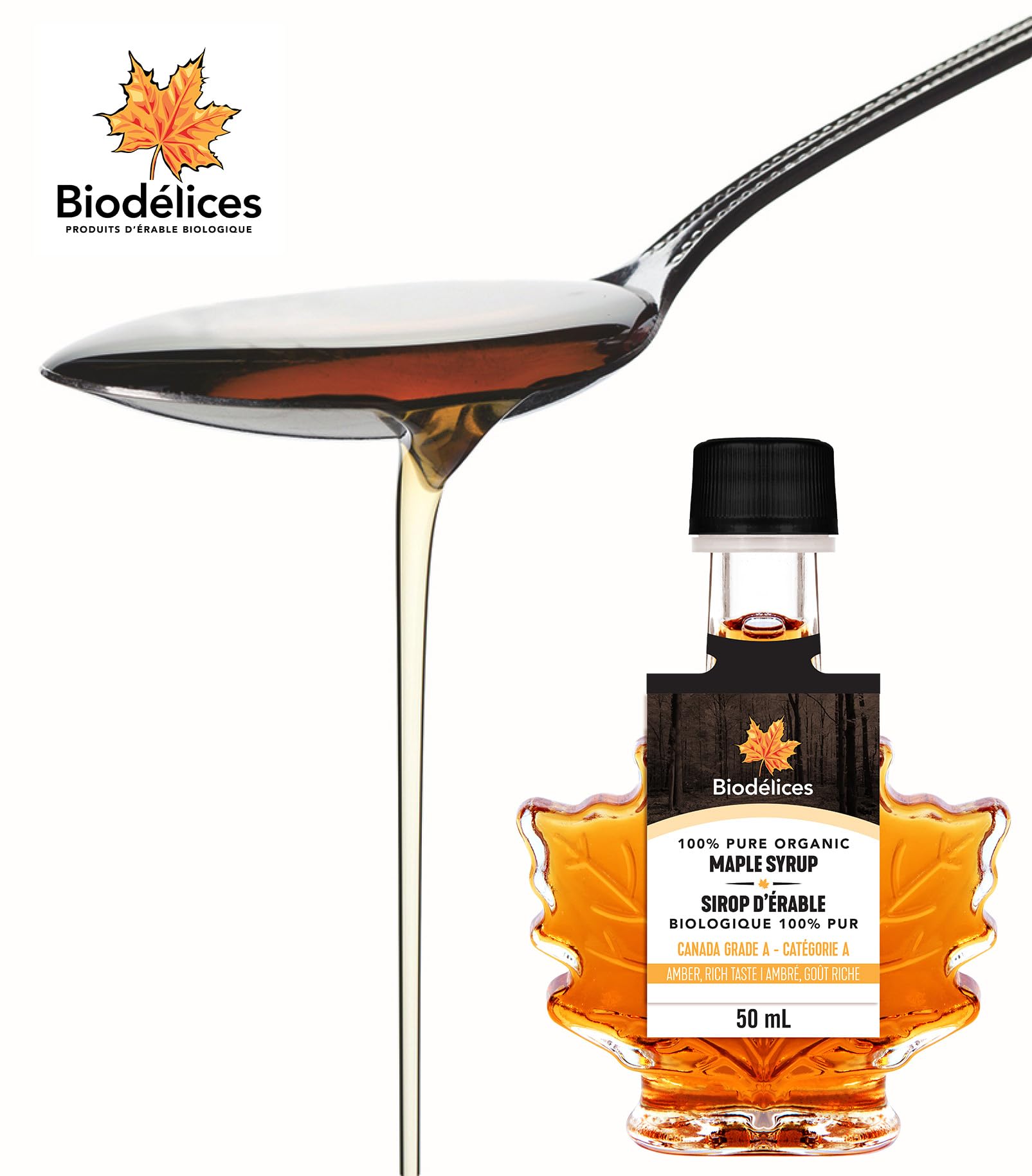 100% Pure Organic Maple Syrup - Premium Grade A - Quebec's Finest in Elegant Maple Leaf Bottle from Biodélices (1.69 Fl Oz (Pack of 1), Maple (CA