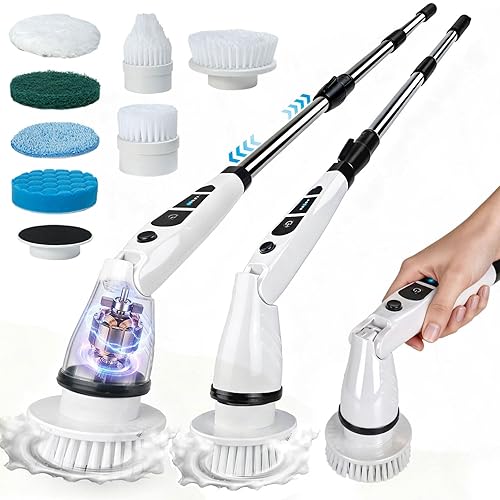 Electric Spin Scrubber, Shower Scrubber with Long Handle, 7 Brush Heads, 2-Speed Cordless Bathroom Cleaning Brush, 54in Extendable Electric Cleaning