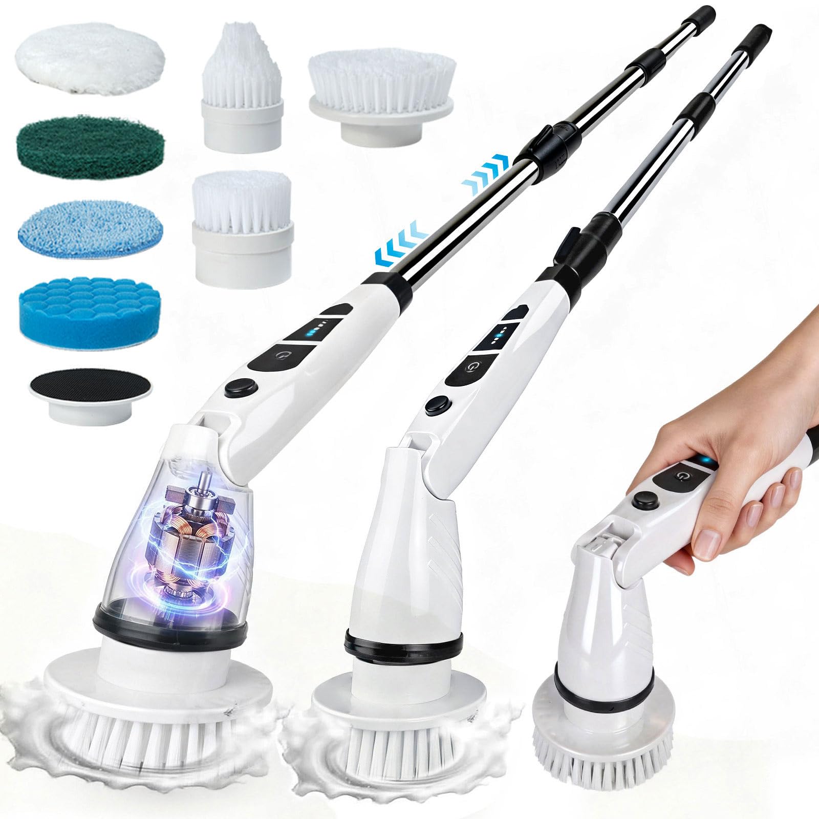 Electric Spin Scrubber, Shower Scrubber with Long Handle, 7 Brush Heads, 2-Speed Cordless Bathroom Cleaning Brush, 54in Extendable Electric Cleaning