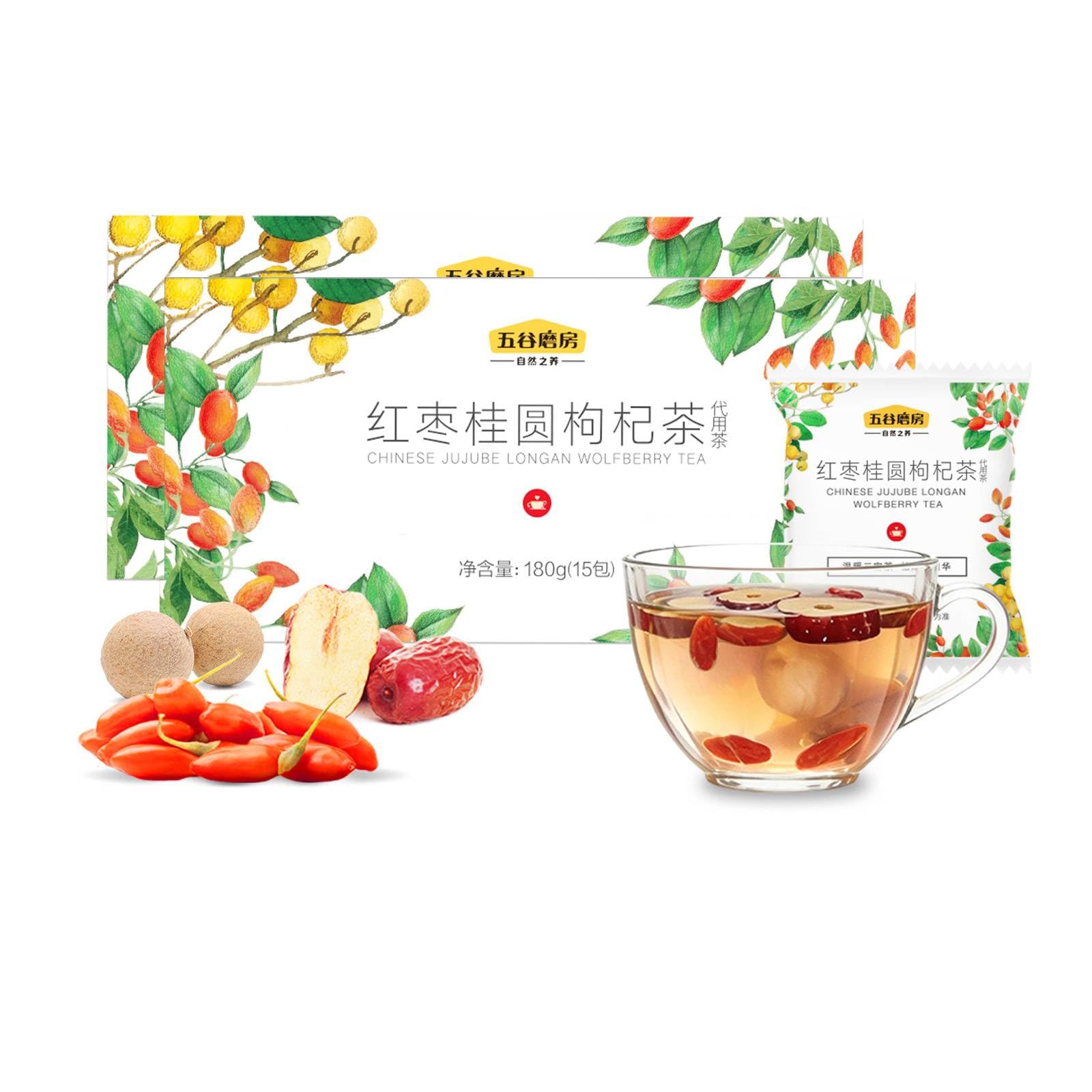 I WUGU 30 Single-Serve Sachets Chinese Jujube Longan Wolfberry Tea, Caffeine-Free Tea Bags, Red Dates Tea, Warming Comfort, Energy & Relaxation