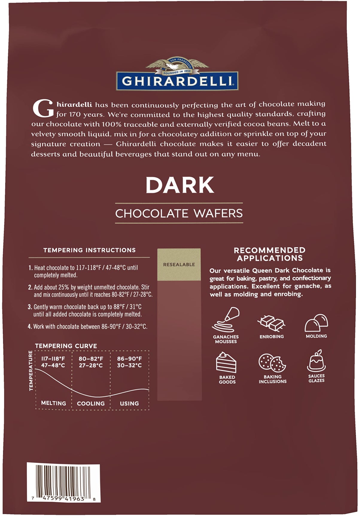 Ghirardelli Dark Chocolate Wafers, 5 lb Bag with Ghirardelli Barista Spoon