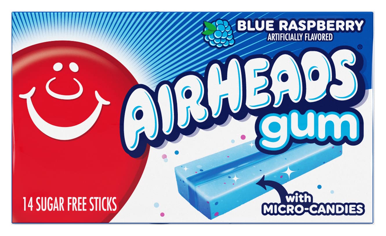 Airheads Chewing Gum, Sugar Free Gum with Micro-Candies, Blue Raspberry Flavor Artificially Flavored, 14 Sticks (12-Pack)