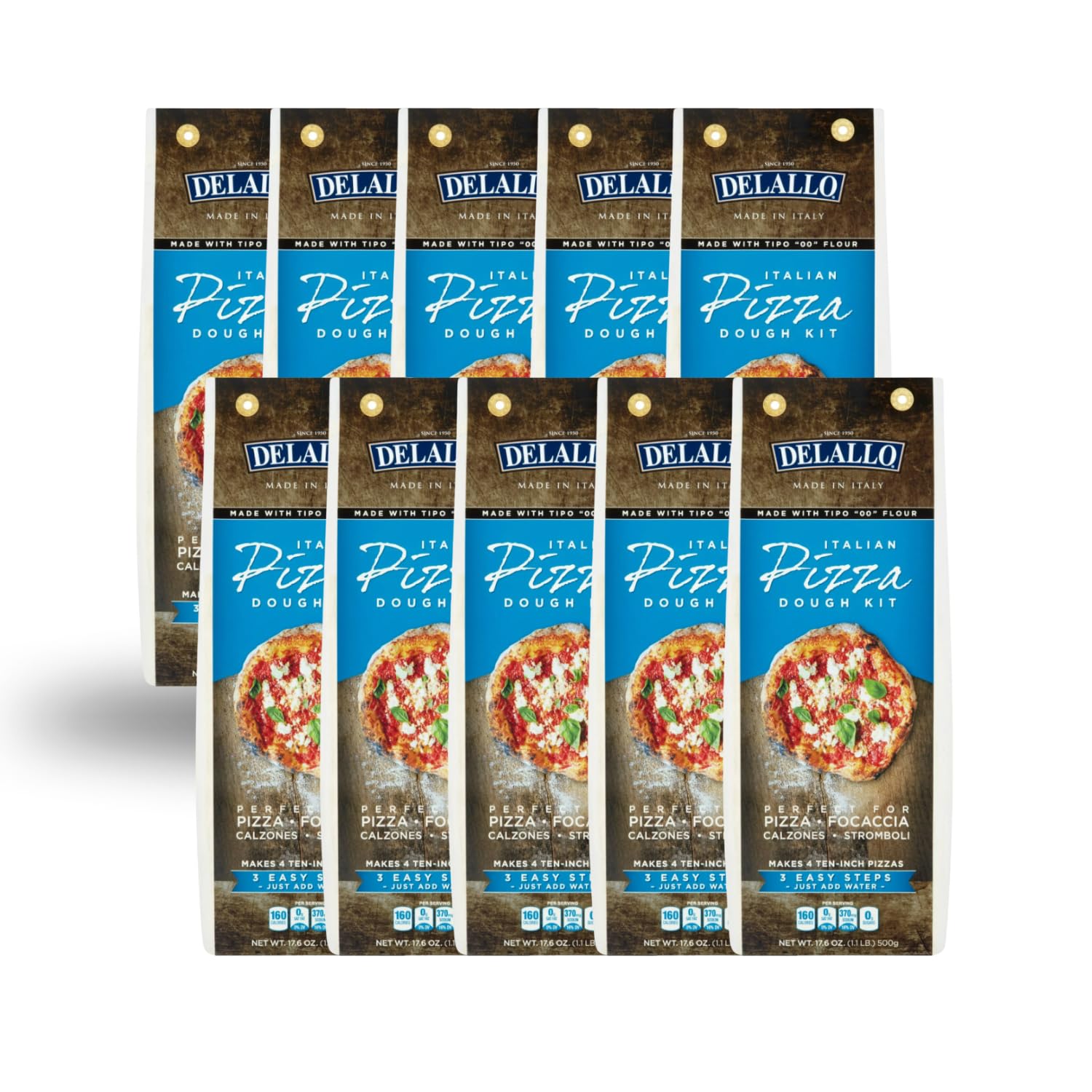 DeLallo, Italian Pizza Dough Kit, Pizza Crust Mix for Garlic Knots, Calzones, and Breadsticks, 00 Superfine Flour, Includes Instant Yeast Packet, Non-GMO, 17.6 oz Bag, (10 Pack)