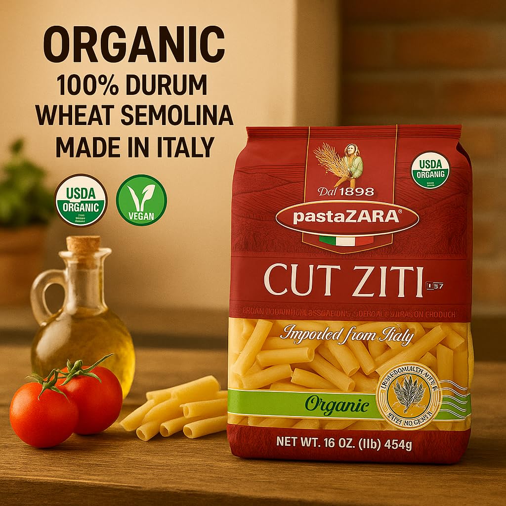 PASTA ZARA - Cut Ziti - Organic - 100% Italian Pasta, Made with Durum Wheat Semolina Flour, Non GMO, Kosher (1 LB. BAG) - Consistently al Dente.