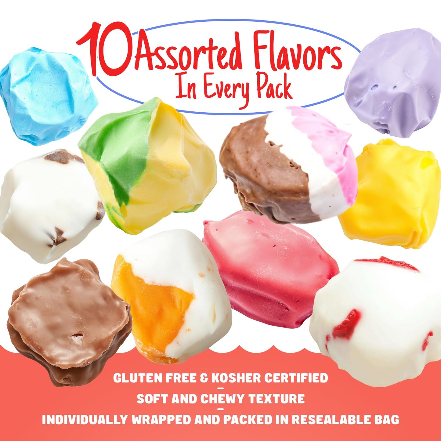 SALT WATER TAFFY 8 oz - 10 Assorted Flavors, Individually Wrapped, Bulk Old Fashion Candy in Resealable Bag, Gluten Free, Kosher Dairy