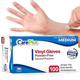 CARE PLUS Latex-Free Vinyl Gloves Clear Medium Size 100 Count | Heavy Duty, Non-Sterile, Powder-Free, Rubber | Food Prep, Kitchen & Cleaning Gloves