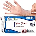 CARE PLUS Latex-Free Vinyl Gloves Clear Medium Size 100 Count | Heavy Duty, Non-Sterile, Powder-Free, Rubber | Food Prep, Kitchen & Cleaning Gloves