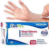 CARE PLUS Latex-Free Vinyl Gloves Clear Medium Size 100 Count | Heavy Duty, Non-Sterile, Powder-Free, Rubber | Food Prep, Kitchen & Cleaning Gloves
