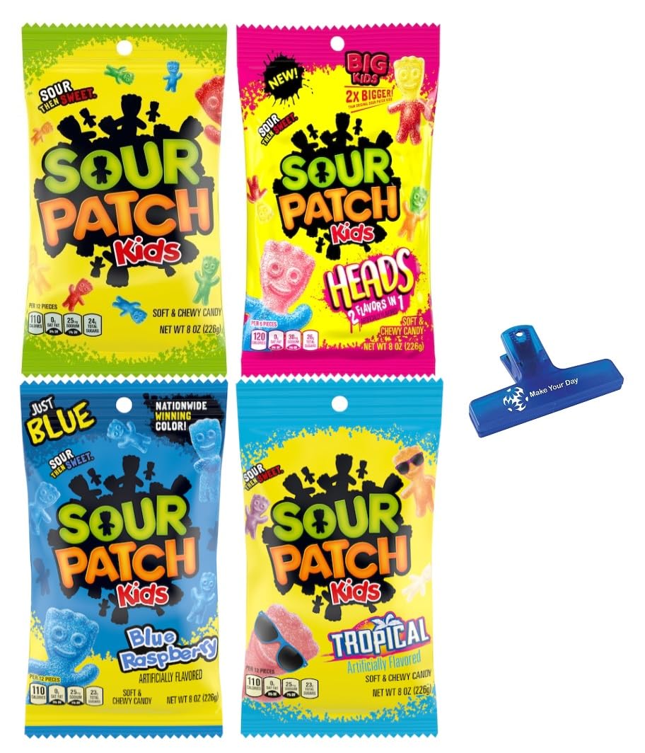 SOUR KIDS Variety, Original, Blue Raspberry, Tropical, and Heads 8 Ounce Bags (Pack of 4) - with Make Your Day Bag Clip
