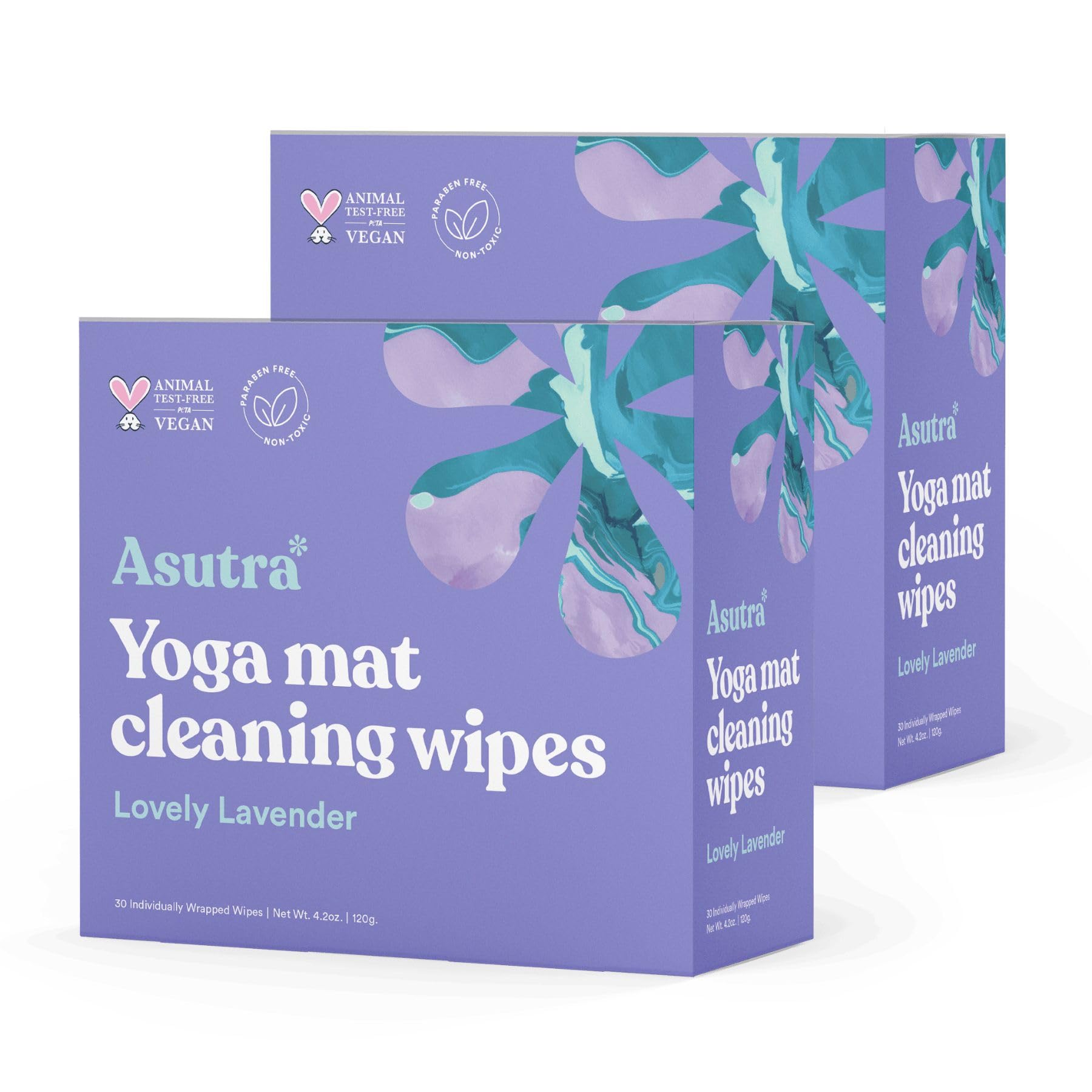 ASUTRA Yoga Mat Cleaning Wipes (Lovely Lavender), Individually Wrapped Wipes, 2 Boxes (30 Each) - No Slippery Residue, Deep-Cleansing for Fitness Gear