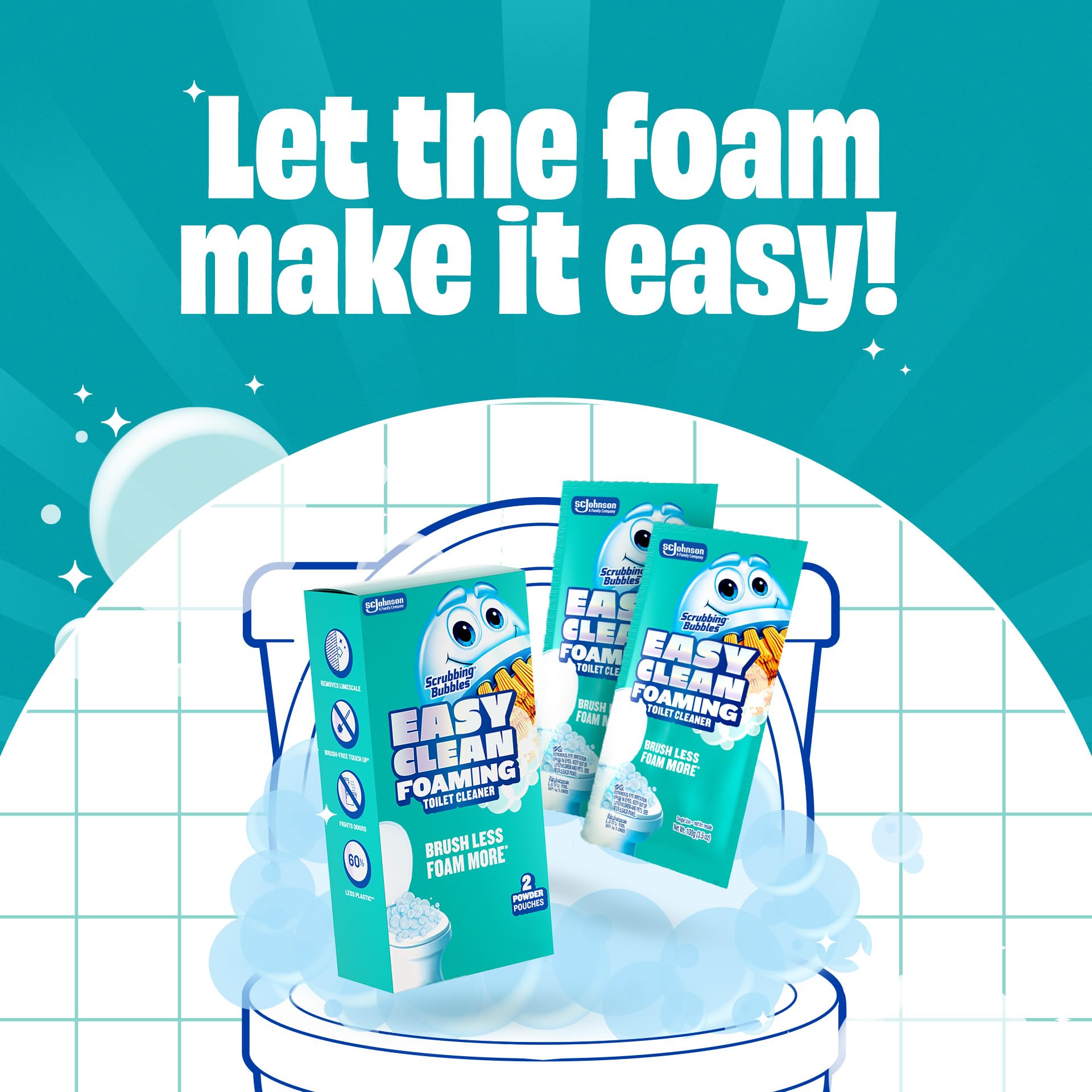 Scrubbing Bubbles Easy Clean Foaming Toilet Bowl Cleaner, Easy Toilet Drop In Powder Pouches, 100g (5 Pouches)