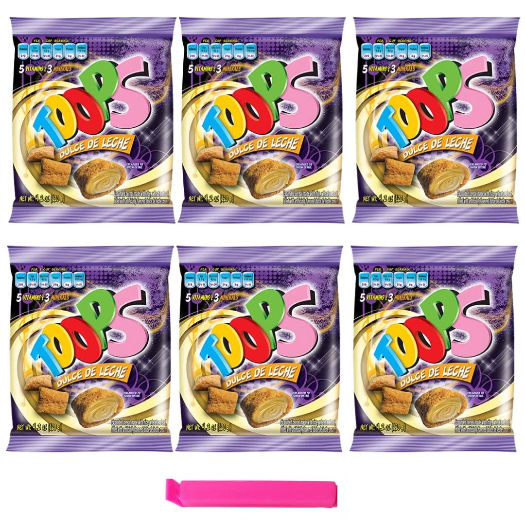 TOOPS Dulce de Leche Breakfast Cereal Snacks candy Foods for kids, Bags Single Serve High vitamins 4.2 Oz (6 Packs) + HOMESTUFF Food Sealing Clips Bag