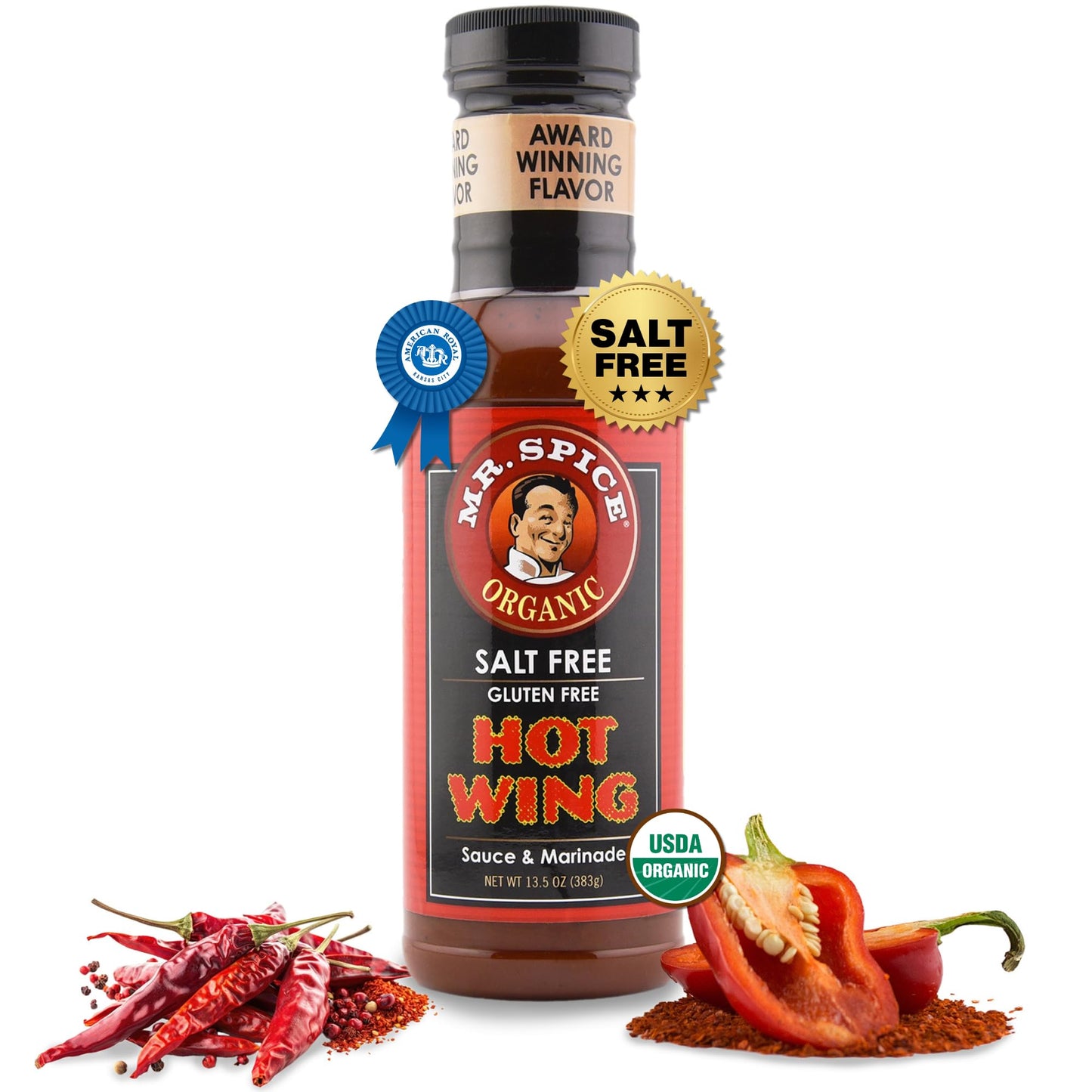 Mr. Spice Organic Hot Wing Sauce, Salt Free Hot Wing Sauce (0mg/serving), Gluten Free, Low Sodium Sauces for Marinade, Grill & Air Fryer, No Salt
