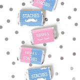 DISTINCTIVS Baby Gender Reveal Mini Candy Bar Wrappers - Lashes or Staches - 42 Stickers