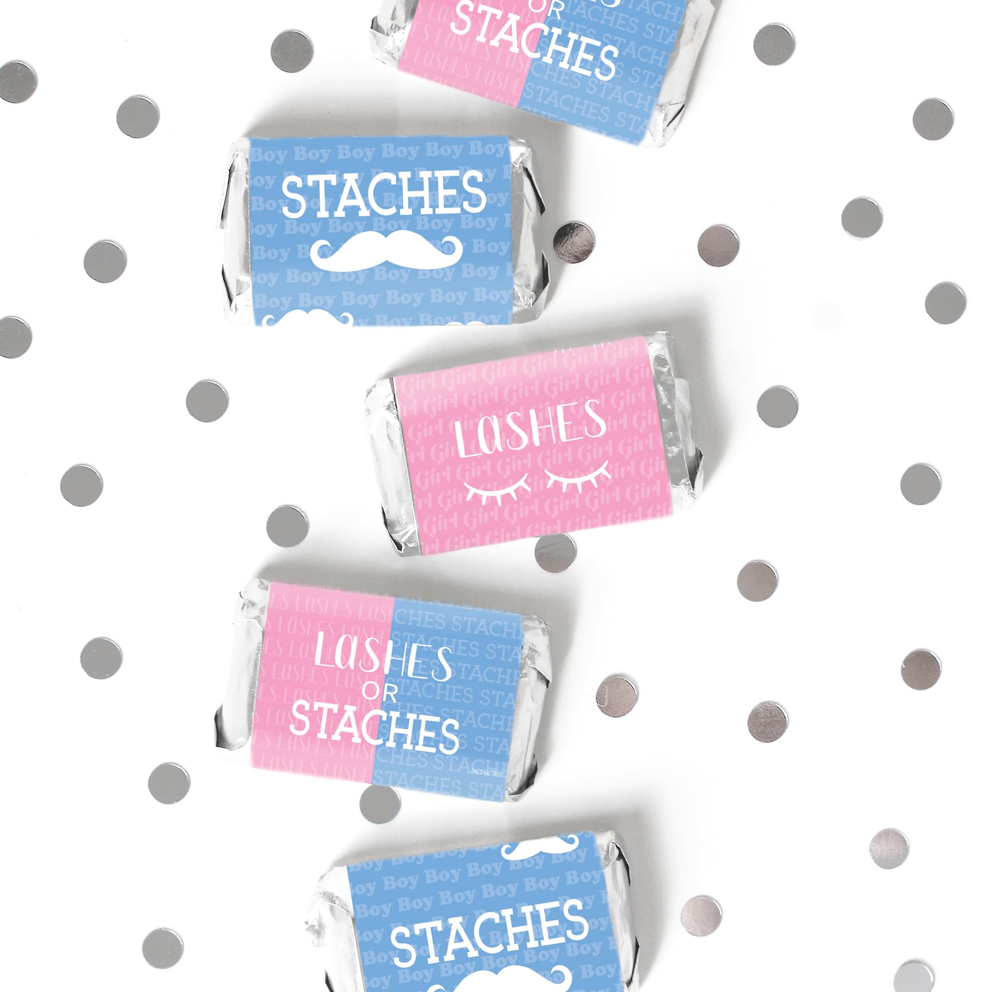 DISTINCTIVS Baby Gender Reveal Mini Candy Bar Wrappers - Lashes or Staches - 42 Stickers