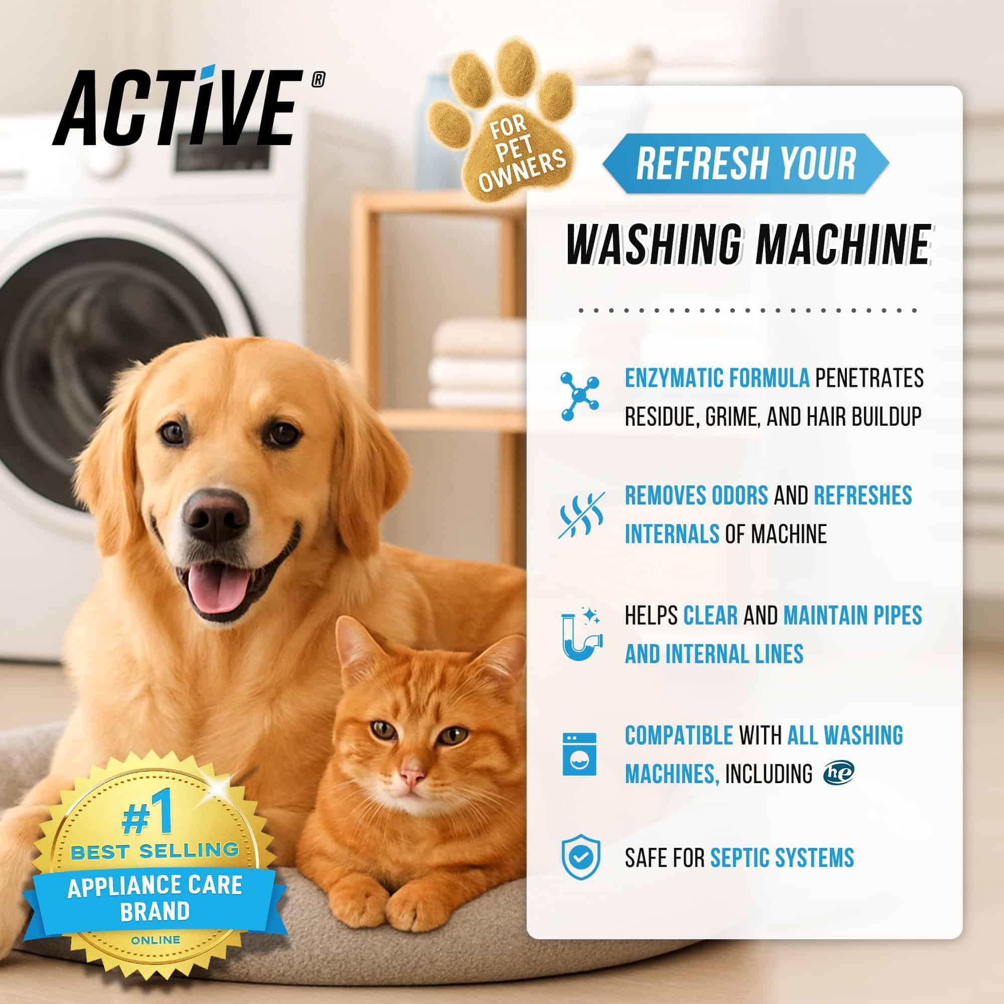 ACTIVE Washing Machine Cleaner for Pet Owners Enzymatic Deep Clean Descaler for Cat & Dog Hair, Urine, Odor, Residue, 24 Septic-Safe Tablets for Top
