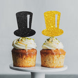 24PCS Tophat Cupcake Toppers, Hat Cupcake Topper for Boys, Little Boy Food Picks, Magic Themed Birthday Party Decoration - Black & Gold Glitter