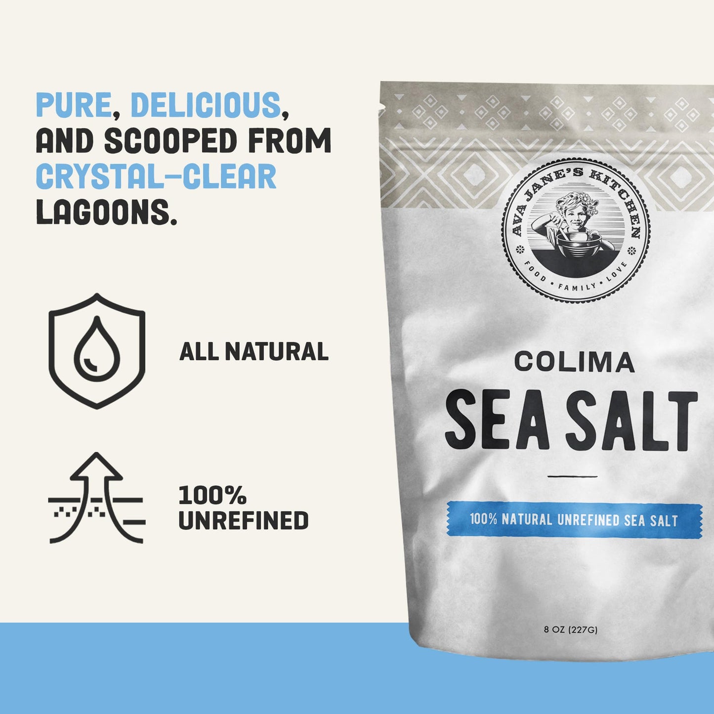Ava Jane's Kitchen - Colima Coarse Sea Salt - 100% Unrefined, Natural, and Hand-Harvested - Protects Heart - Shapes Figure - Boosts Mood, 227 Servings