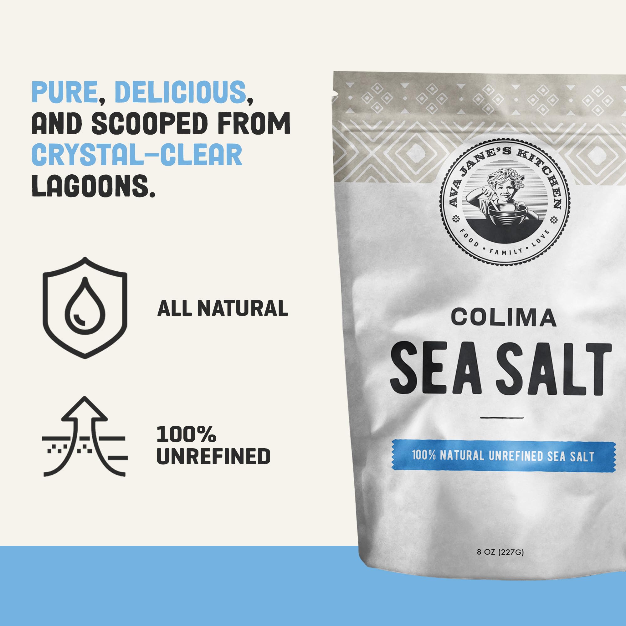 Ava Jane's Kitchen - Colima Coarse Sea Salt - 100% Unrefined, Natural, and Hand-Harvested - Protects Heart - Shapes Figure - Boosts Mood, 227 Servings