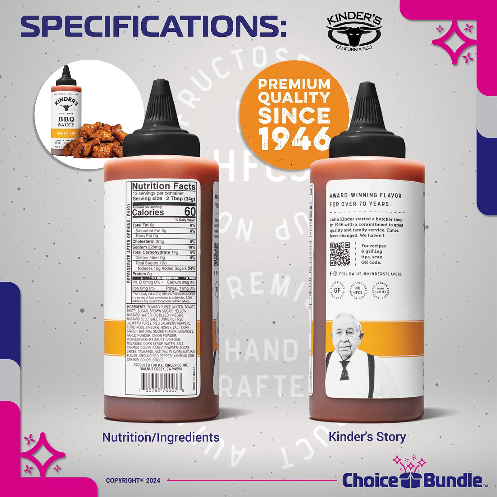 Kinder’s Honey Hot BBQ Premium Barbecue Sauce 2 Pk (31 oz) Great to Dip Toss Glaze & More + Barbecue Masters & Bottle Opener (4 Items)!