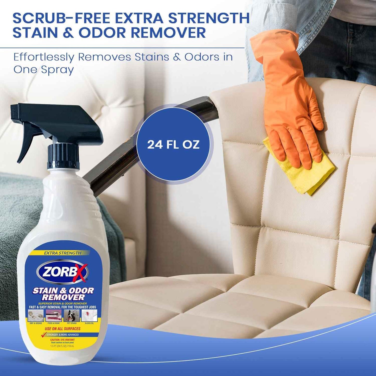 ZORBX Extra-Strength Stain & Odor Remover Spray 24 oz - Unpleasant Odor Control and Unwanted Stain Remover Spray for Furniture, Mattress, Couch & All