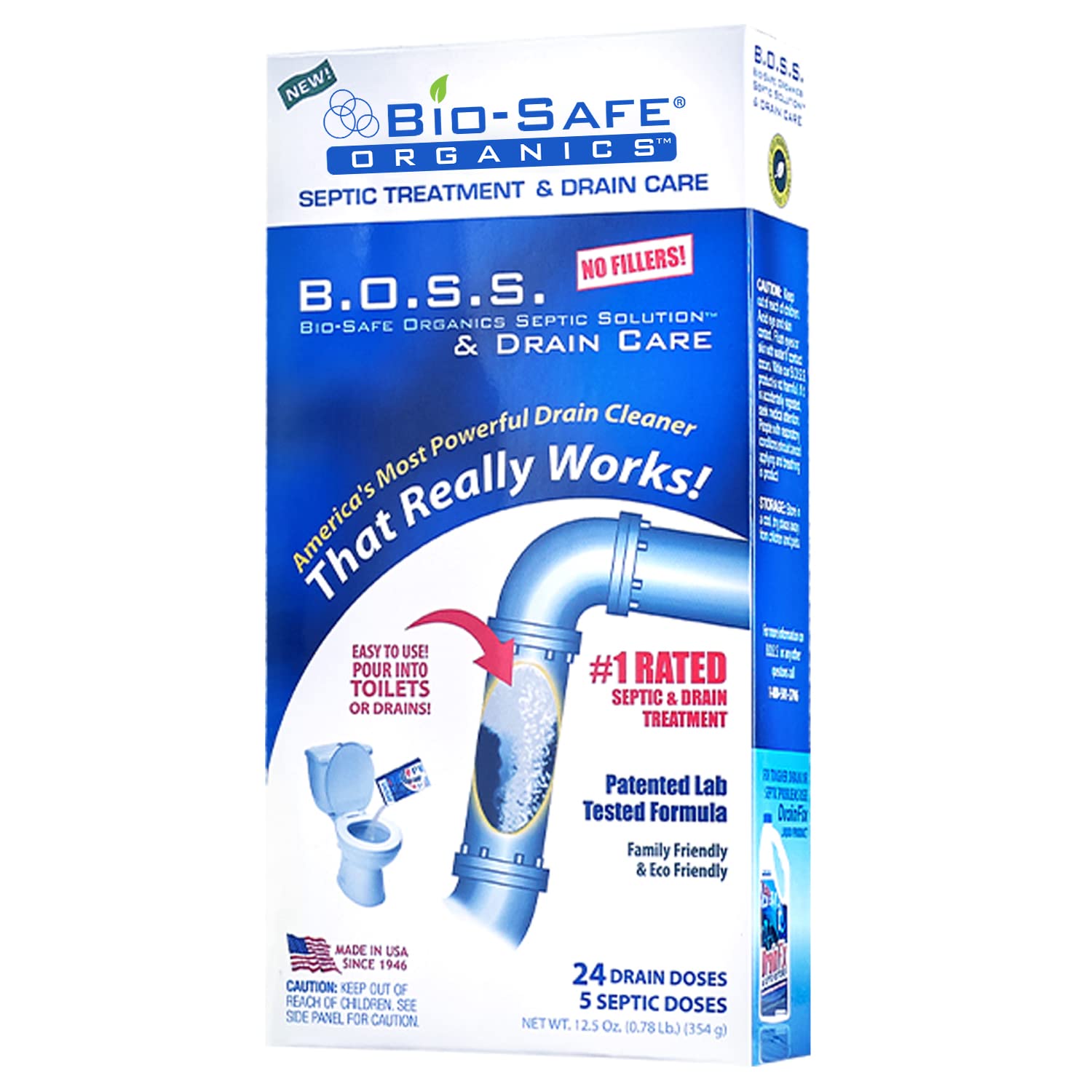 B.O.S.S. Septic Tank Treatment - 12.5oz Powder - 24 Drain or 5 Septic Doses - Patented Bacterial Enzyme - 100% Treats Odors Clogs Backups Pumpouts