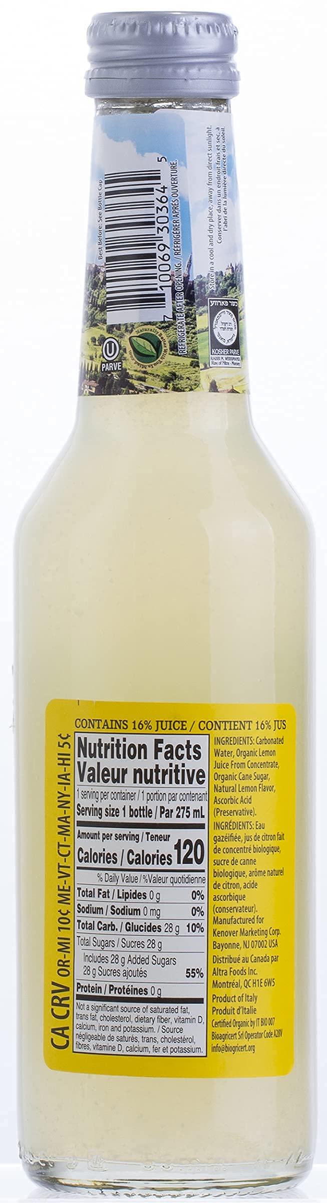 Tuscanini Organic Cold Pressed Sparkling Lemon Soda (6 Pack) Contains 16% Real Juice! No Food Coloring or Artificial Flavors, Product of Italy