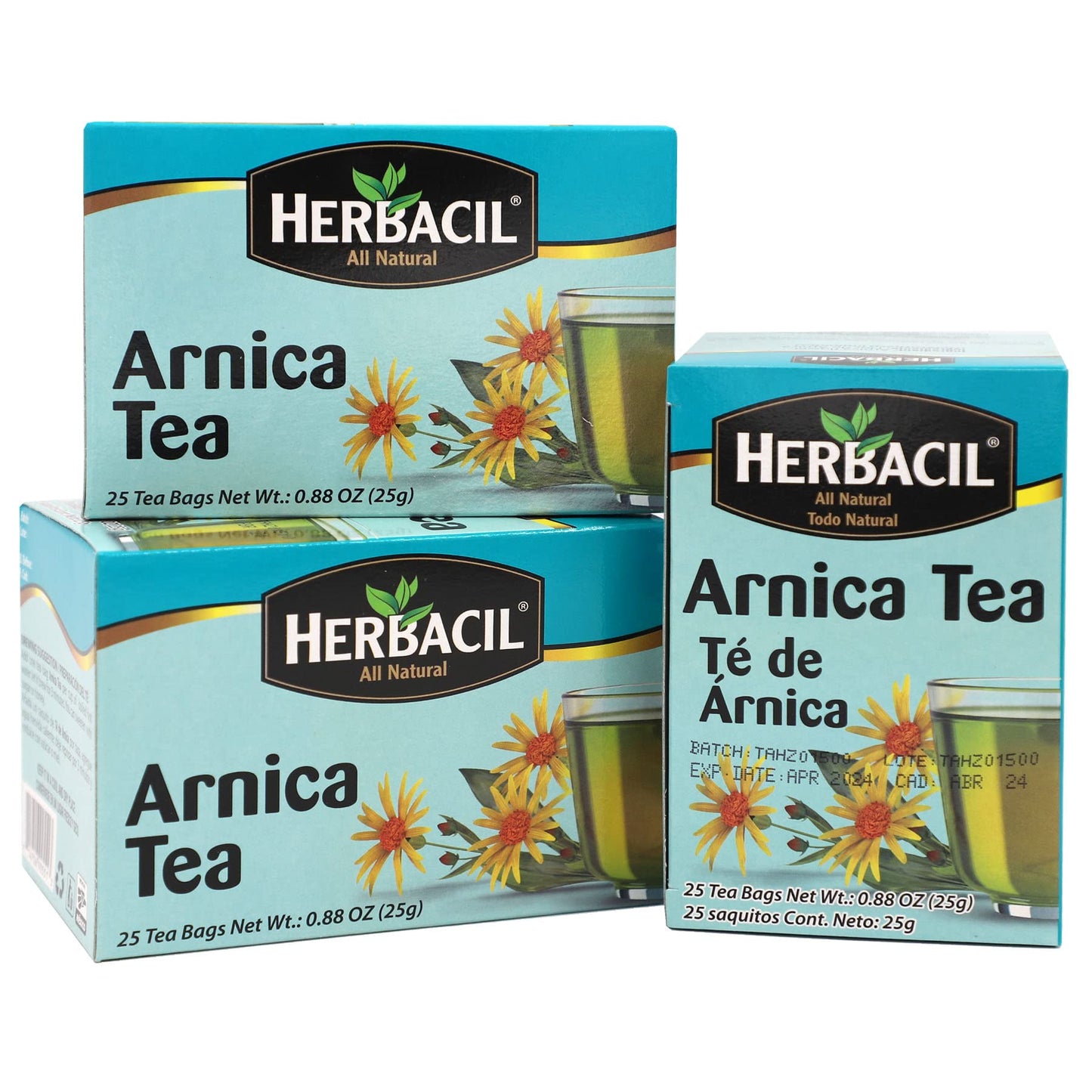 Herbacil Arnica Herbal Tea, Herbal Blend, Caffeine-Free, All Natural, 3-pack of 25 bags per box (75 Tea Bags), 0.88 oz Each