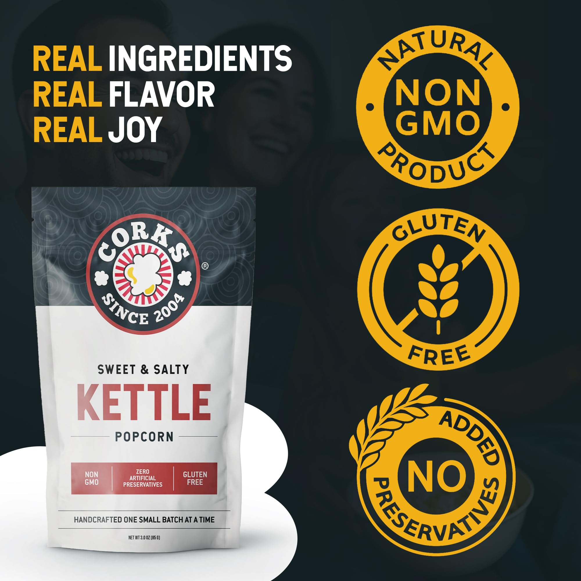 Corks Original Kettle Corn Popcorn Bags, 3oz - Sweet and Salty Gourmet Popcorn Coated with Fine Sugar & Salted to perfection, Gluten-Free, Classic