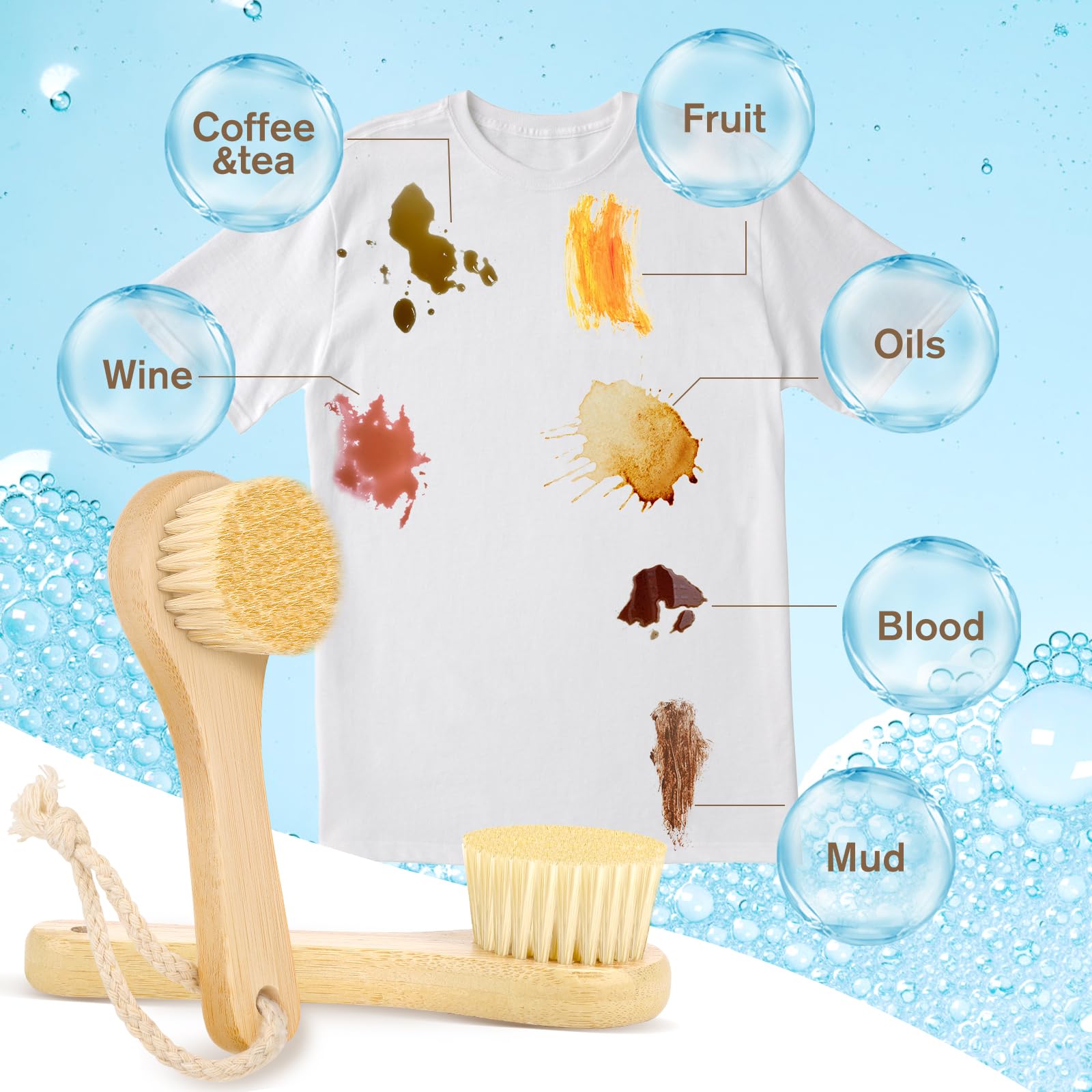 Dfacio 2Pack Laundry Stain Brush with 2Pack Metal Hook, Natural Soft Boar Bristle Scrubber, No Damage for Cleaning Tough Stains on Delicate Fabrics
