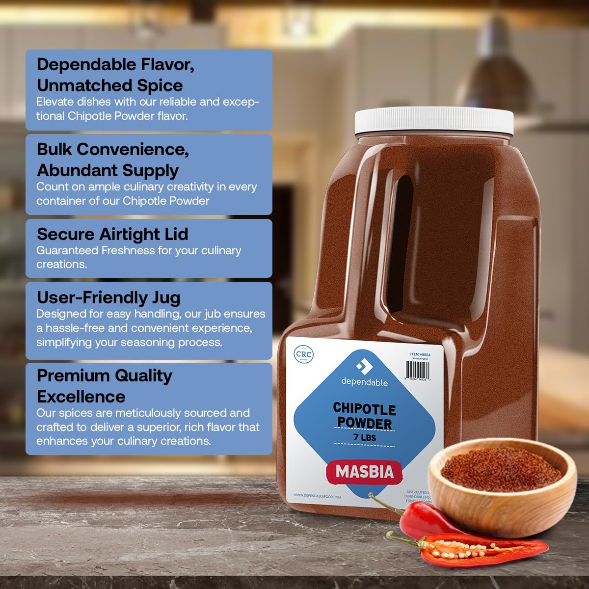 Dependable Foods Chipotle Powder Spice - 7 Lb. Bulk Jar - Smoky Seasoning Sensation - 100% Natural, Non-GMO, Salt-Free | Kosher, Allergen-Free