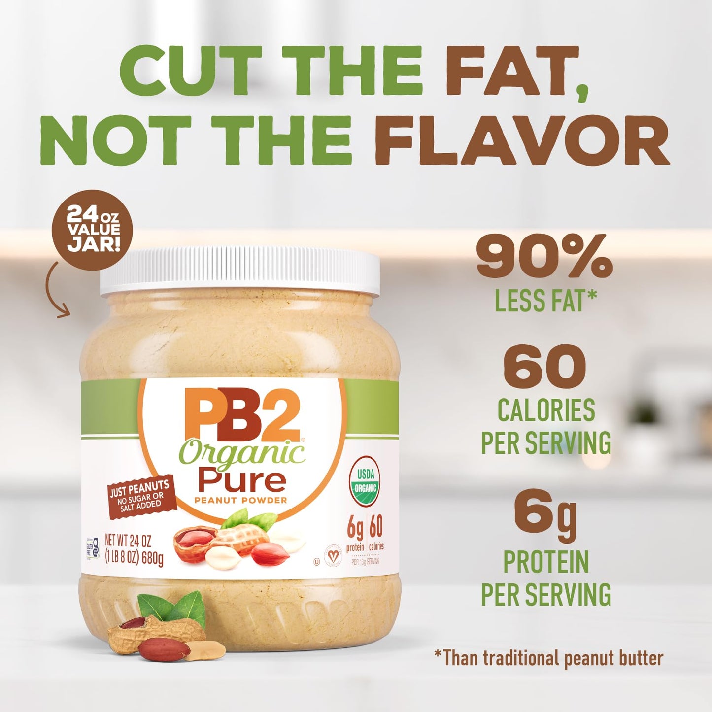PB2 Pure Organic Powdered Peanut Butter | Pure, USDA Organic Certified, Non-GMO Peanuts with No Salt, No Sugar | Vegan, Keto Friendly | 24oz