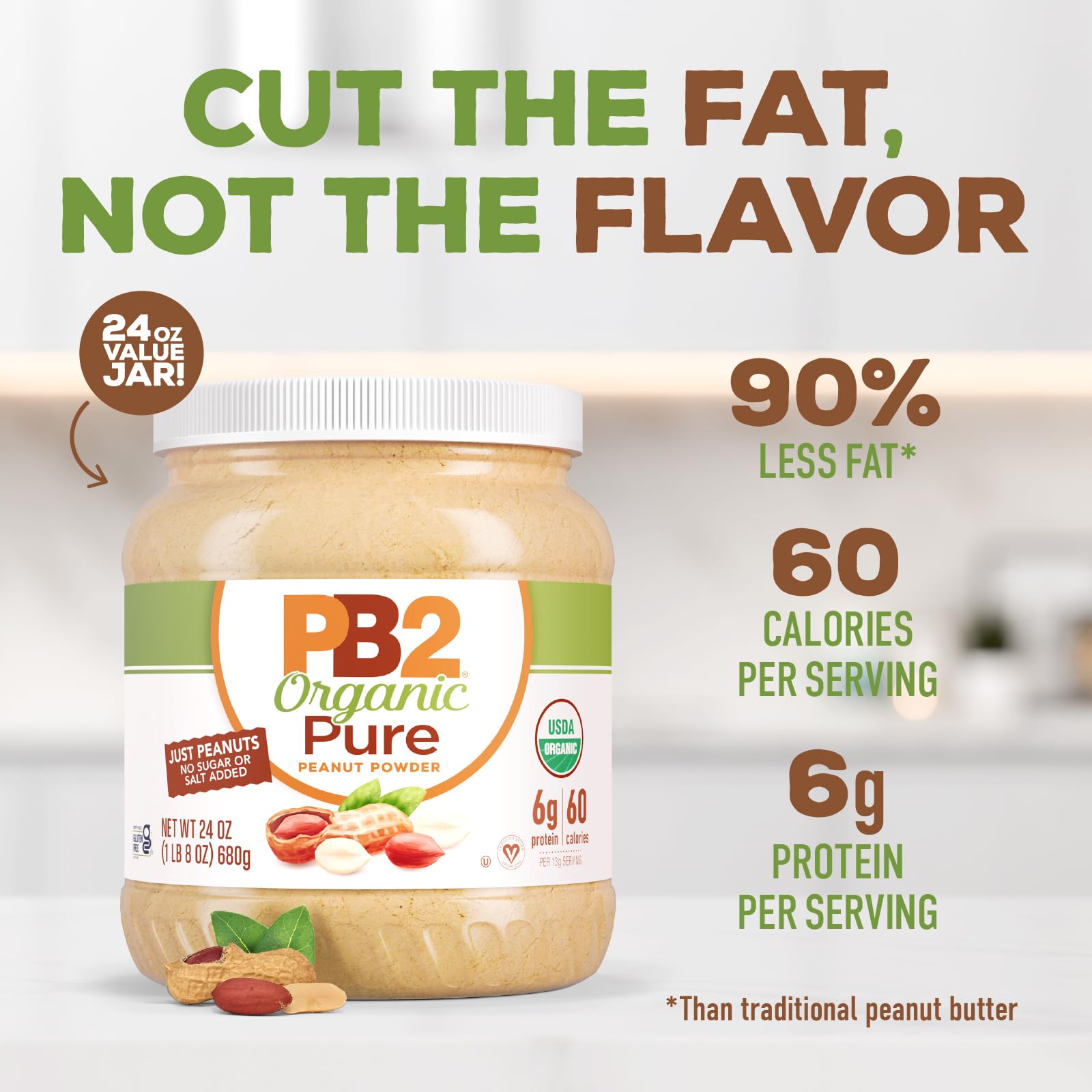 PB2 Pure Organic Powdered Peanut Butter | Pure, USDA Organic Certified, Non-GMO Peanuts with No Salt, No Sugar | Vegan, Keto Friendly | 24oz