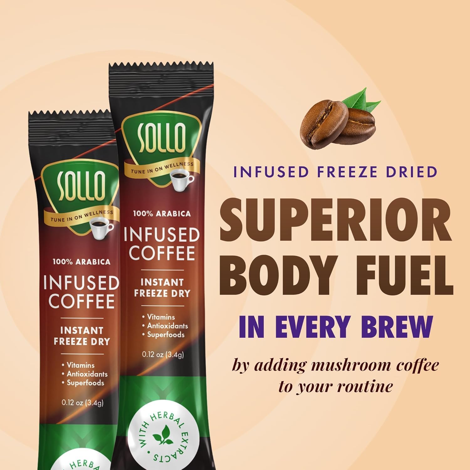 Sollo Super 6 Mushroom Blend Instant Coffee Sticks Medium-Dark Roast 100% Arabica Freeze-Dried 24 Single-Serve Sticks with 6 Functional Mushrooms