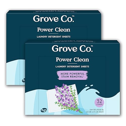 Grove Co. Laundry Detergent Sheets, Power Clean Dissolving Washer Sheets (2 Pack - 64 Loads) Tough Stain Remover, 100% Natural Lavender Blossom