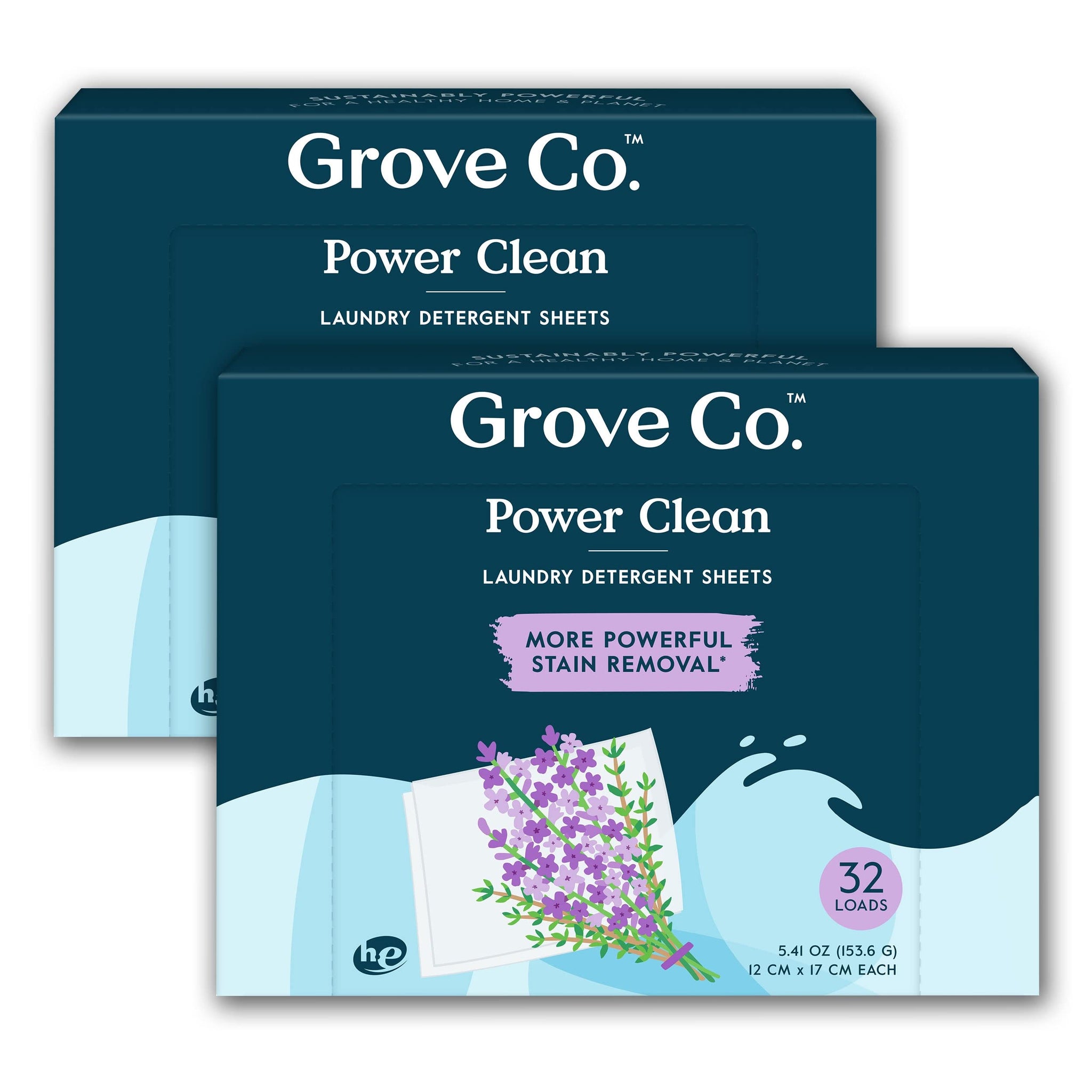 Grove Co. Laundry Detergent Sheets, Power Clean Dissolving Washer Sheets (2 Pack - 64 Loads) Tough Stain Remover, 100% Natural Lavender Blossom