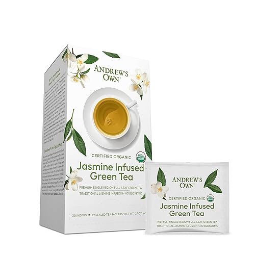 Andrew Lessman Jasmine Infused Green Tea, 90 Sachets, Organic-Certified Gardens, High Polyphenols & EGCG, Mild Flavor, Caffeinated, Fujian China