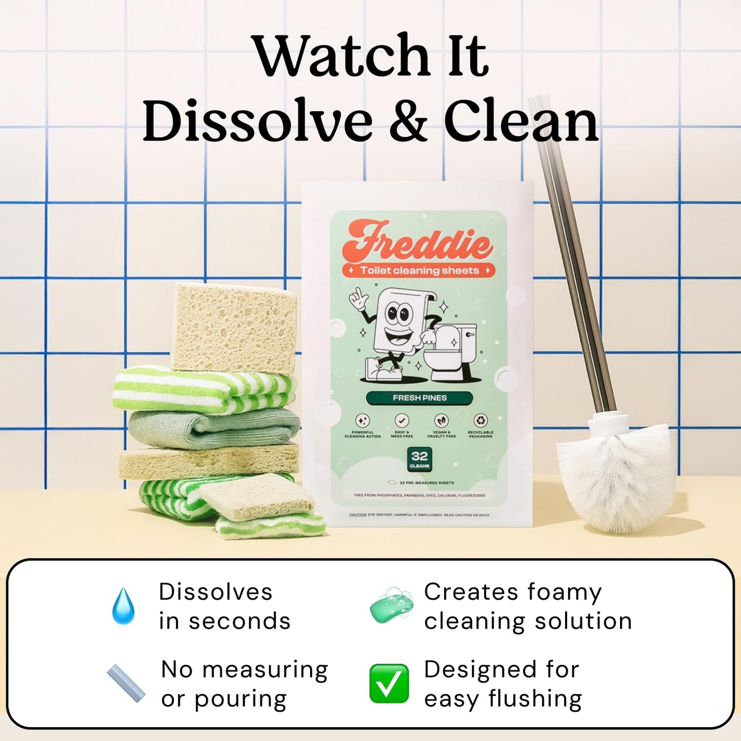Freddie Toilet Cleaner Sheets - Fresh Pines Scent - Plastic Jug-Free Alternative to Liquid Cleaners - 32 Dissolvable Cleaning Strips