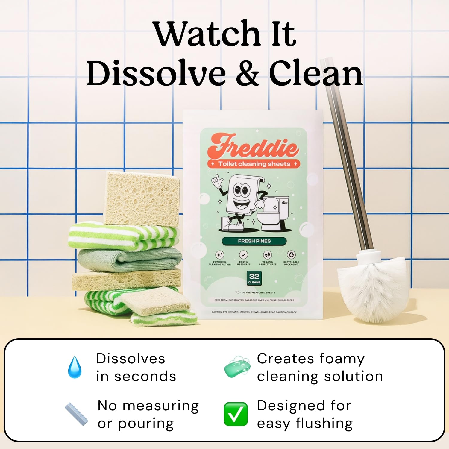 Freddie Toilet Cleaner Sheets - Fresh Pines Scent - Plastic Jug-Free Alternative to Liquid Cleaners - 32 Dissolvable Cleaning Strips