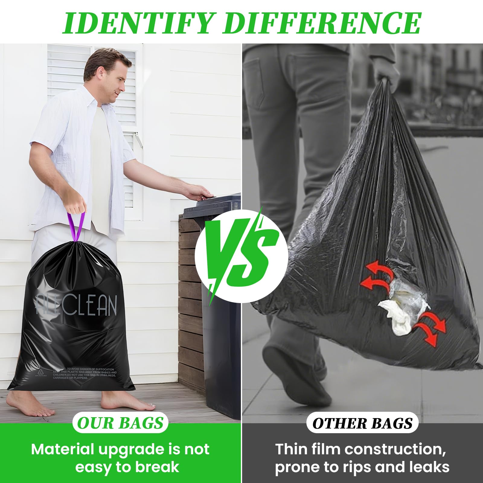 Trash Bags 15 Gallon Tall Kitchen Drawstring Garbage Bags,Fit 13-15 Gal Bins,Extra Strong&Leak-Proof,Unscented&Recyclable Trash Can Liners for Home