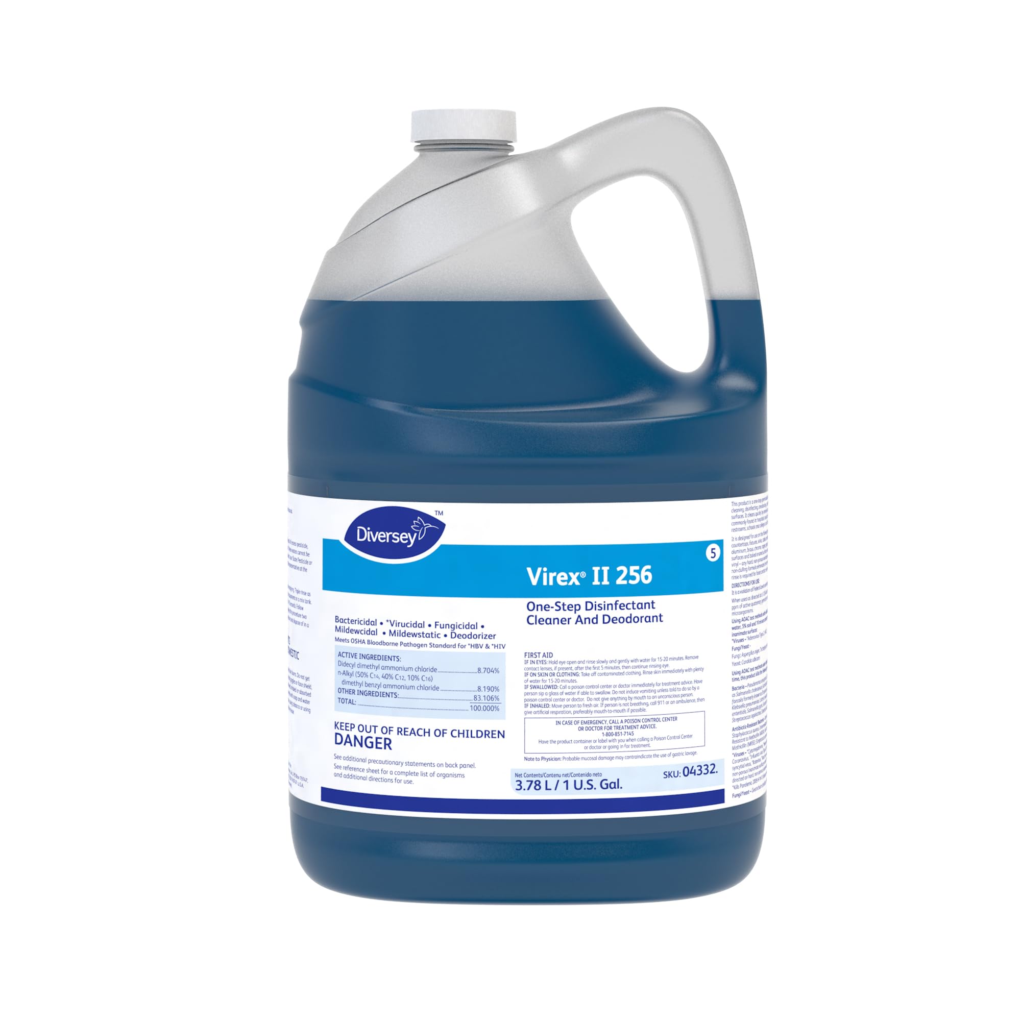 VIREX Diversey II 256 04332. Disinfectant Cleaner Concentrate, Multi-Surface for Home & Commercial Use, Odor Control, Mint Scent, Bottle, 1-Gallon