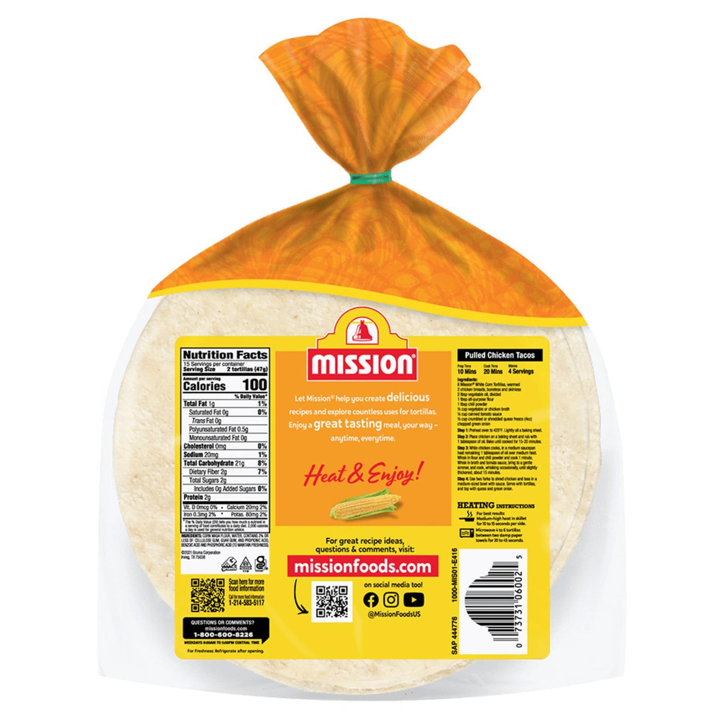 Mission White Corn Tortillas, Small Soft Taco Size, 30 Count, Gluten Free, Trans Fat Free
