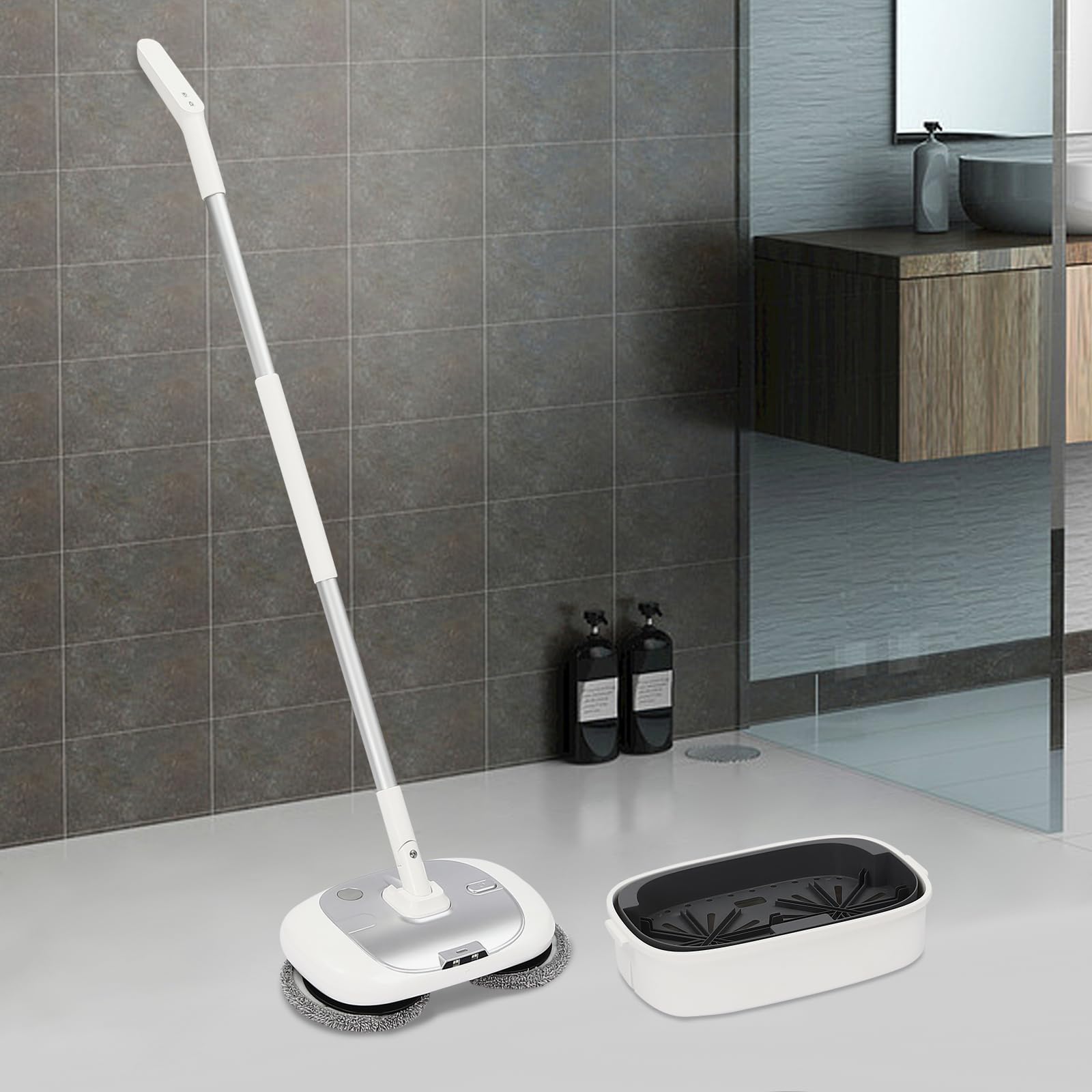 Electric Mop with Cleaning Bucket - Cordless Floor Polisher, 4 Pack Mop Pads, Automatic Cleaning, Up to 100 Mins, Rechargeable, for Wooden, Marble