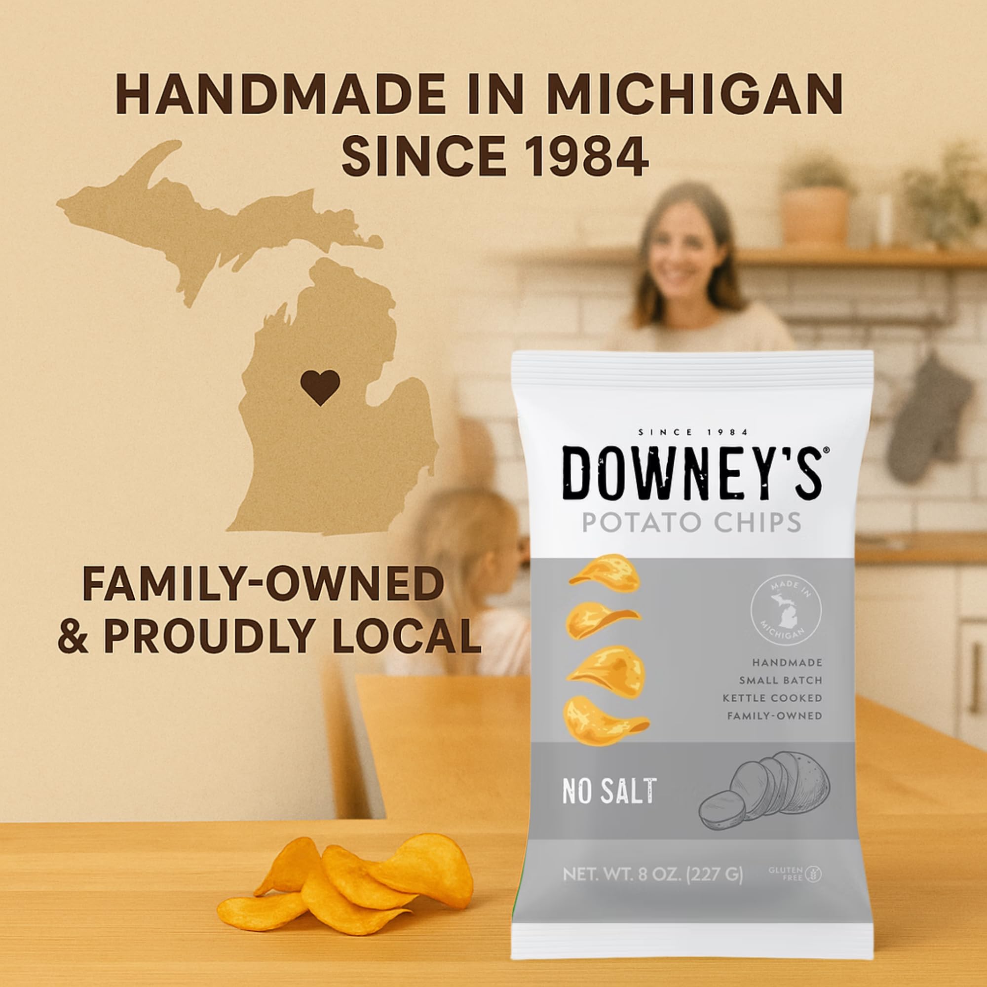 Downey’s Potato Chips, No Salt Kettle-Cooked Potato Chips, Handcrafted Snack, Small-Batch, Light and Crispy, Gluten-Free, Made in Michigan (8oz