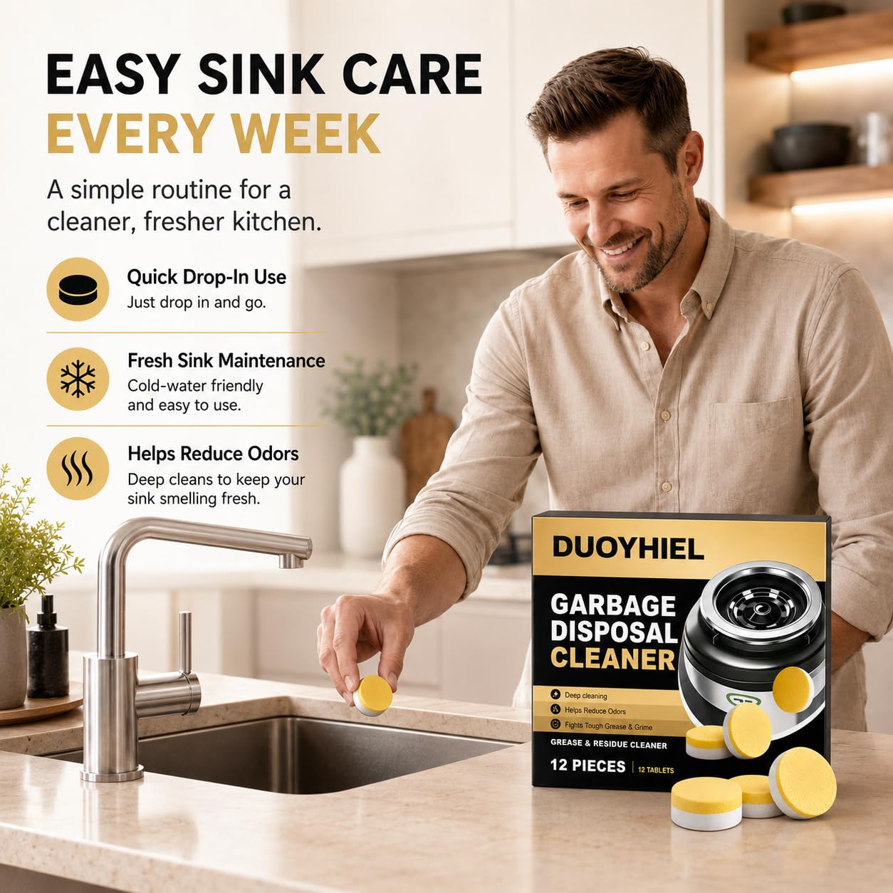 Garbage Disposal Cleaner and Deodorizer Tablets, 12 Pack Foaming Sink Disposal Cleaner, Kitchen Sink Cleaner Tablets for Odor, Grease & Food Residue