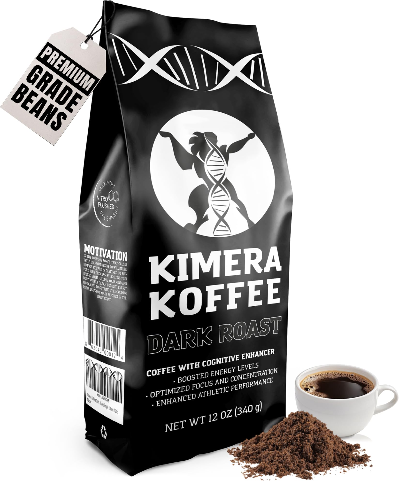 Kimera Koffee Dark Roast - Organic Bold Nootropic Coffee with Alpha-GPC, Taurine, DMAE, L-Theanine, 12oz Ground