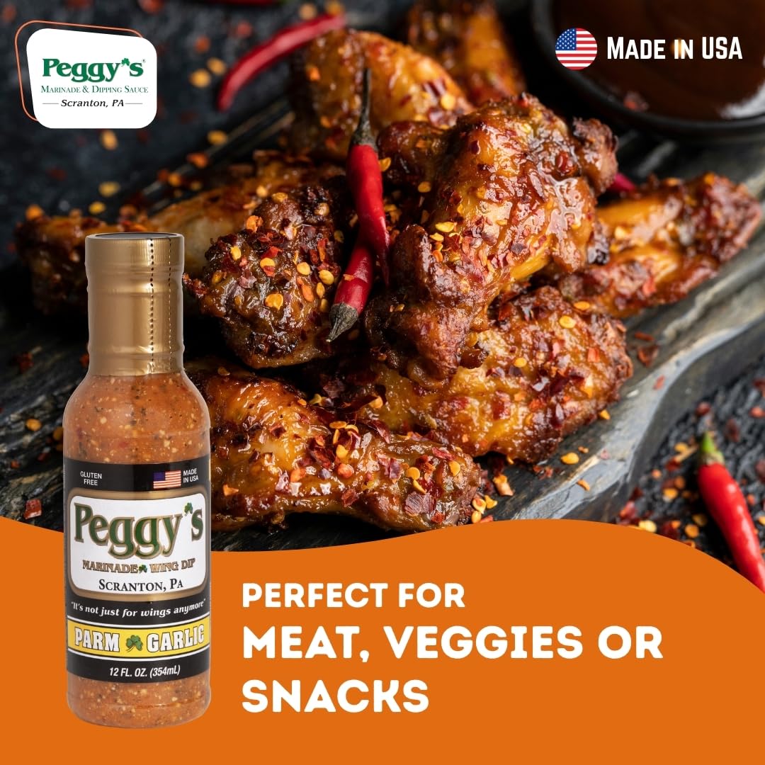 Peggy's Variety Pack - 2 Garlic Parmesan & 1 Sriracha Parmesan Sauce (12oz Each) | Scranton, PA Local Brand | Made in USA | Perfect for Marinades